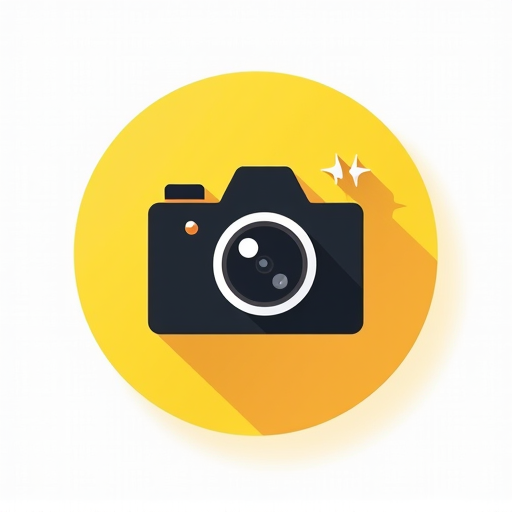 Bold black wireframe camera icon with a sparkle accent over a vivid yellow circle, symbolizing photo-ready moments at 18+ novelty ride events. Perfect for content creators and social media memories.