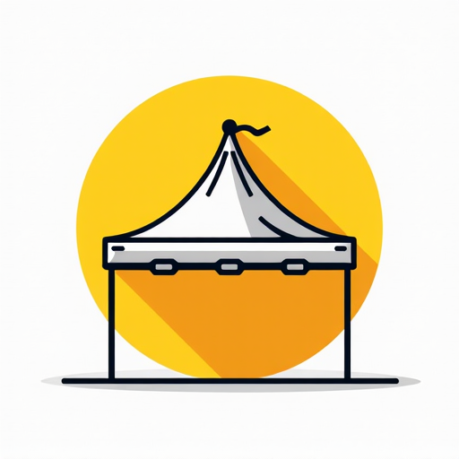 Bright yellow circle with a clean black outline of a large pop-up tent, representing flexible novelty ride setup for indoor or outdoor events. Perfect for 18+ parties with inflatable bumper landing pads.