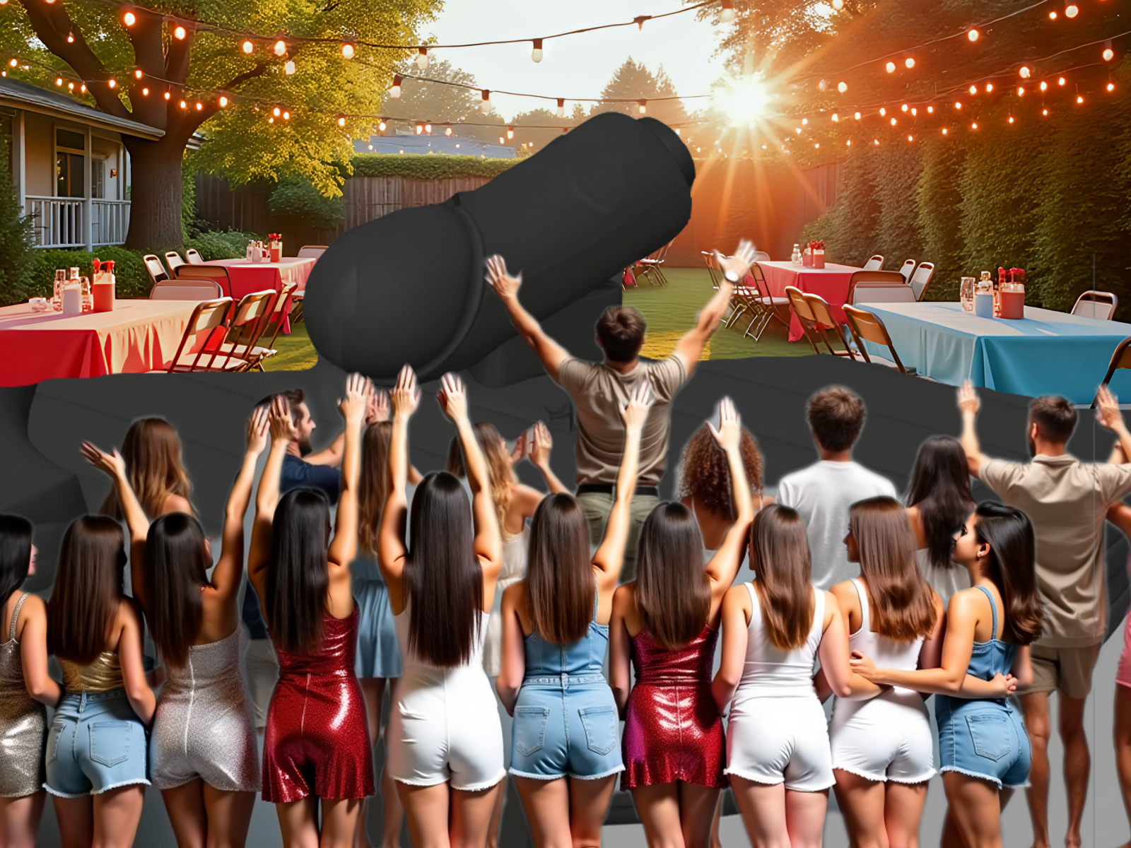 Guests cheer on the Big Willy ride at a private party, with string lights glowing above and sunset casting warm light across the yard.
