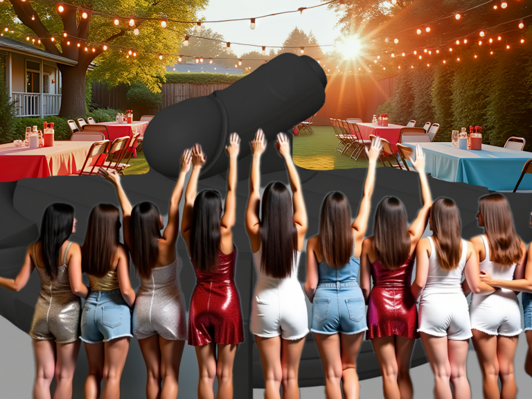 Group of women seen from behind at a bachelorette party, wearing sparkly outfits and party sashes, some with arms raised and others clapping, standing on a gray studio floor.
