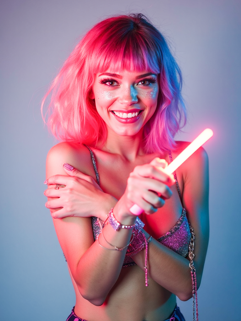 Portrait of a confident young woman with short pink hair and glitter makeup, holding a glowing party accessory and smiling boldly, posed against a neutral studio background.