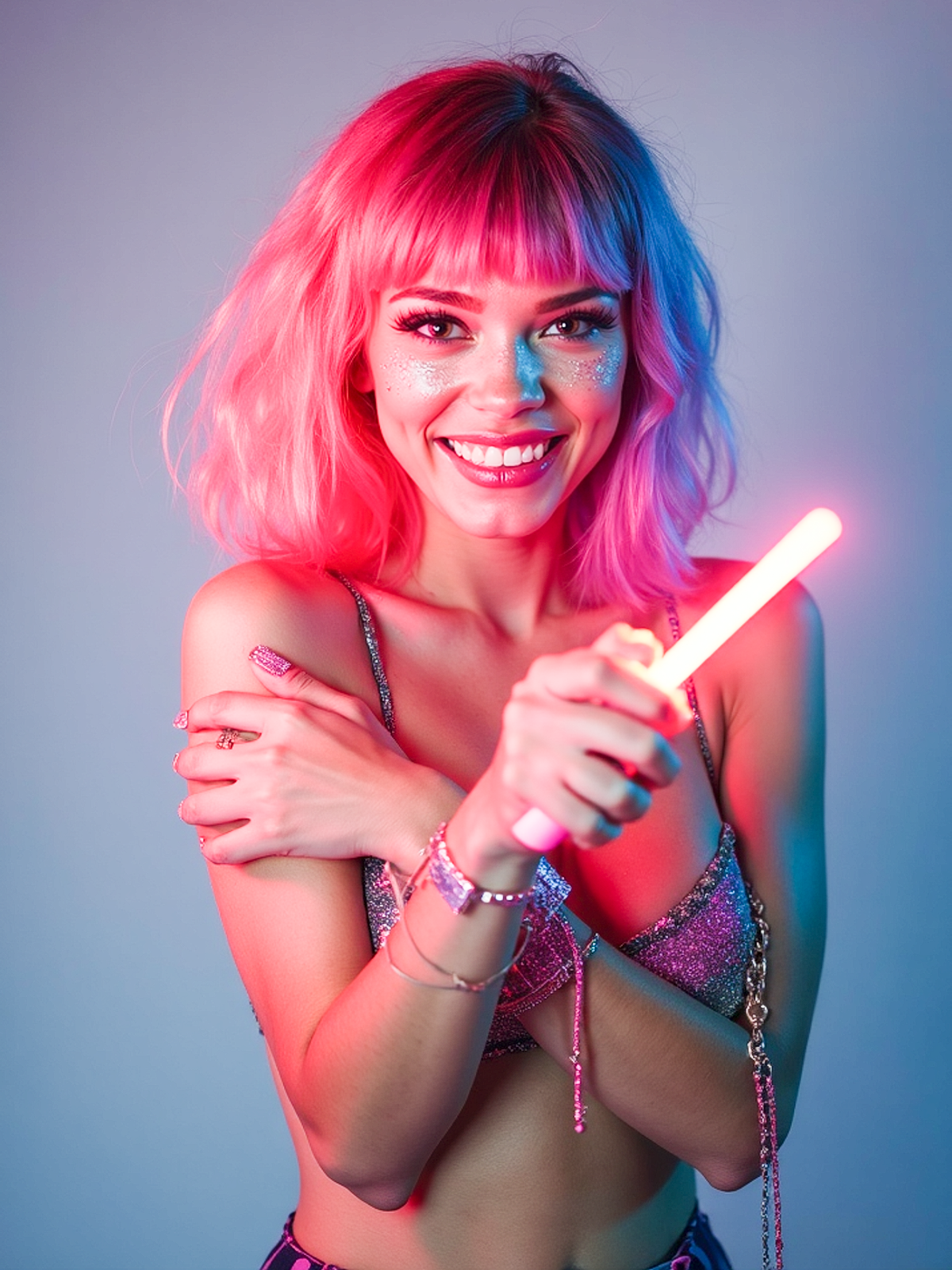 Portrait of a confident young woman with short pink hair and glitter makeup, holding a glowing party accessory and smiling boldly, posed against a neutral studio background.