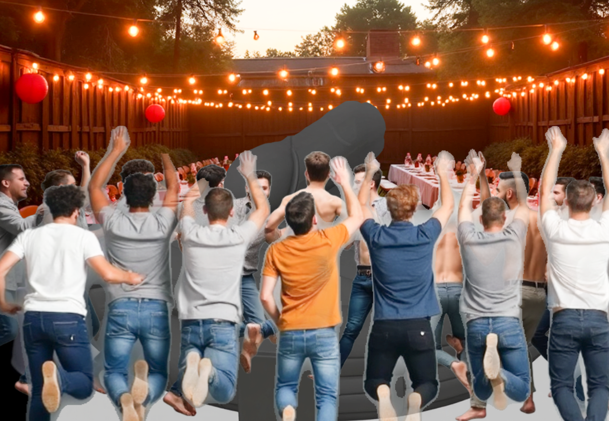 Group of adult men seen from behind in mid-jump, wearing casual party outfits or shirtless, on a matte gray studio floor with soft lighting and a clean background.